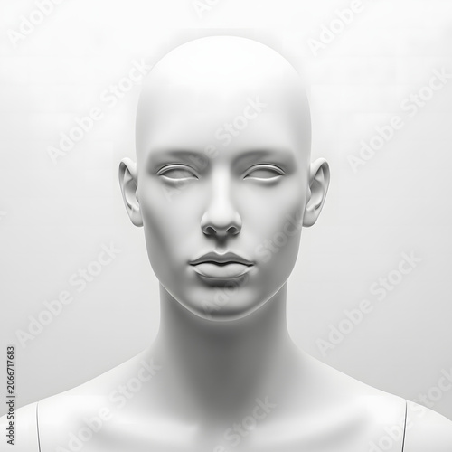 Smooth white female mannequin head isolated against a clean and bright minimalist studio lighting background setup