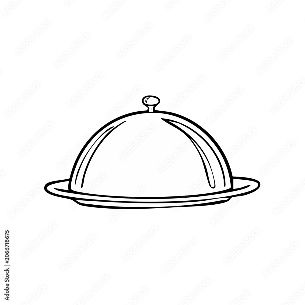 Fototapeta premium Simple Line Drawing of a Covered Food Platter with a Handle on a Plate