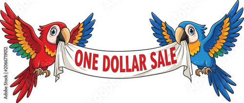 Parrots display a banner promoting a one dollar sale for affordable shopping events here.