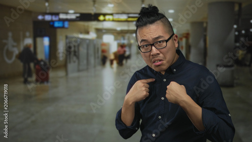 Photos Young chinese man points finger to chest in busy airport terminal near luggage and signage; awkwardness self doubt