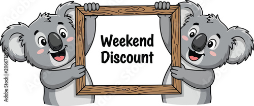 Koalas hold a wooden sign featuring a weekend discount message for retail promotion use.