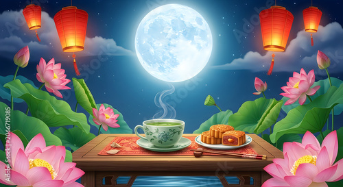 Mooncakes and tea cup on table with pink lotus flowers under full moon for autumn festival.