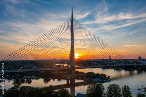 Ada Bridge at Sunset Over the Sava River in Belgrade, Serbia