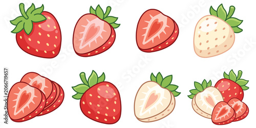 Obraz na płótnie Collection of Strawberries: A delightful assortment of fresh strawberries, showcasing both red and white varieties, whole and sliced, in a vibrant collection