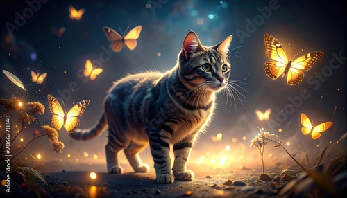 Cat surrounded by glowing butterflies in a whimsical, dreamlike setting