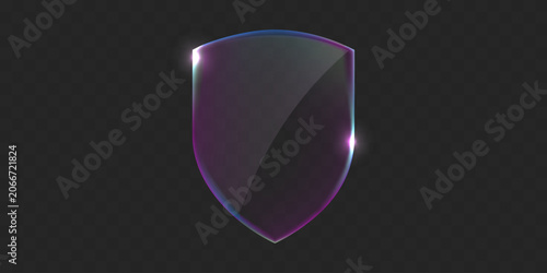 Transparent glass shape. Glossy shield icon with purple blue gradient and glowing highlights 