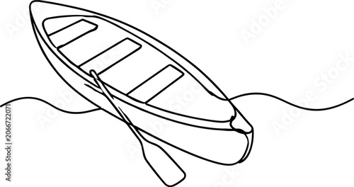 Tableau sur toile Minimal one line canoe boat illustration with paddle in black outline style isolated on light background