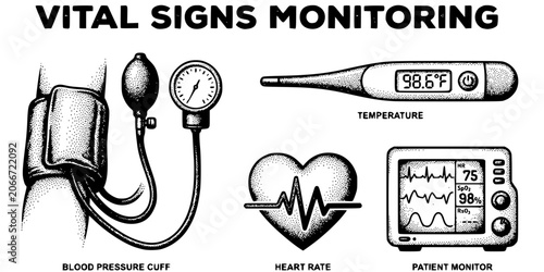 Foto Vital Signs Icon Stipple Black White-BP Cuff Thermometer Pulse Rate-Monitor Vect