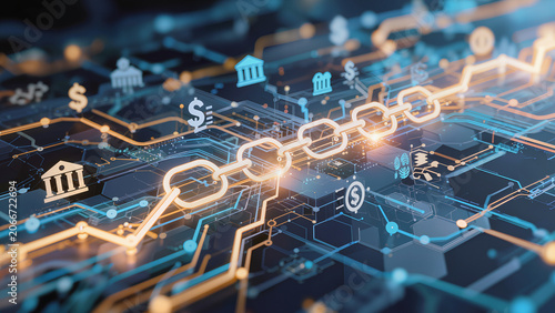 Fintech innovation background, futuristic financial technology concept, glowing digital data streams, AI-powered banking network, abstract blue and gold financial connections,