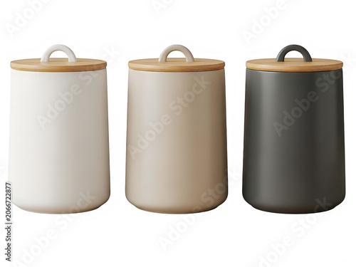 Three modern ceramic kitchen canisters with wooden lids in white beige and dark grey