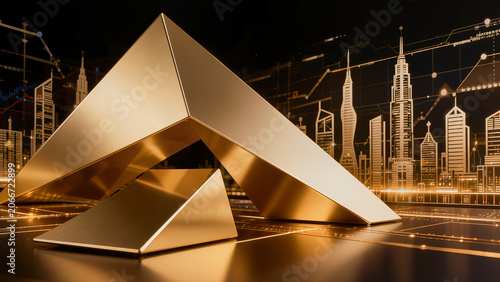 Premium corporate innovation background, abstract gold geometric structures, luxury business technology concept, futuristic executive design, metallic golden reflections, elegant black backdrop, 