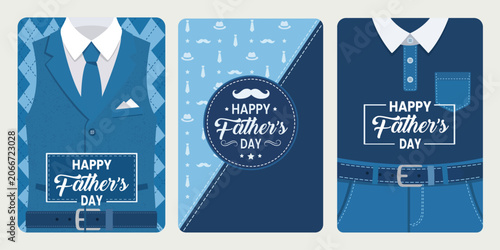 Tablou pe pânză Father's Day Greeting Cards: Three stylish blue greeting cards designed for Father's Day, featuring suit and shirt illustrations, celebrating paternal bonds and appreciation