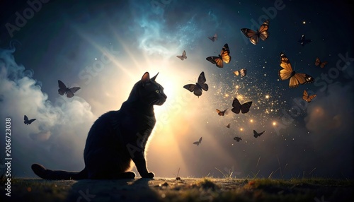 Black cat, silhouetted, observes butterflies amid sunny, ethereal light and clouds
