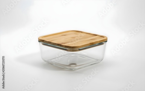 Small square transparent glass meal prep container with a natural bamboo cover on a seamless white surface