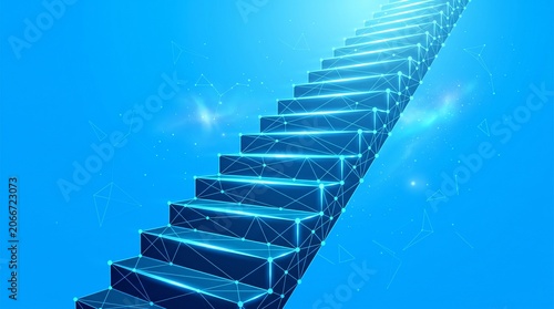 Abstract glowing digital staircase leading upwards representing progress and business success with staircase progress business climbing abstract technology hologram development