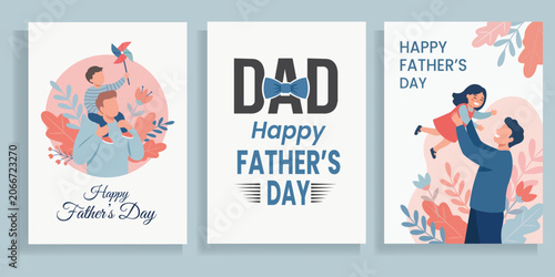 Принти на полотні Happy Father's Day Card Set: A charming collection of three illustrated cards celebrating Father's Day, featuring heartwarming scenes of fathers and children, and festive typography