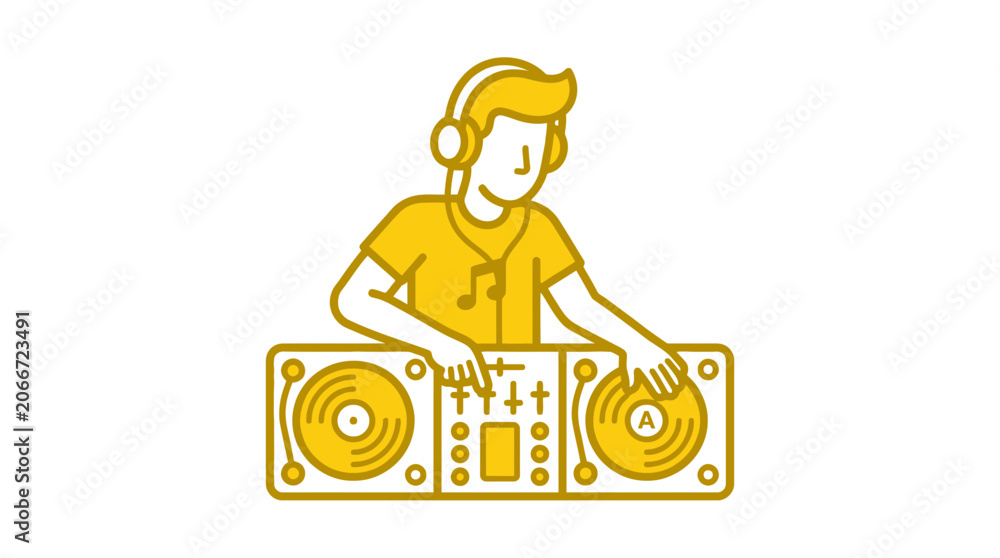 Naklejka premium DJ playing music with headphones and turntable, yellow illustration