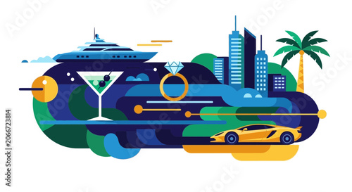 Foto Luxury lifestyle illustration with yacht, sports car, and cocktail