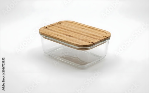 Empty rectangular glass food container with a smooth bamboo lid viewed from an angle on a white background
