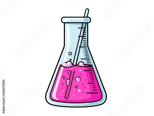 Glass chemistry flask with pink liquid and bubbles for scientific experiment
