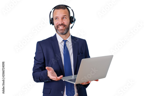Fotografía Businessman in headset interacting during a virtual call, providing support with