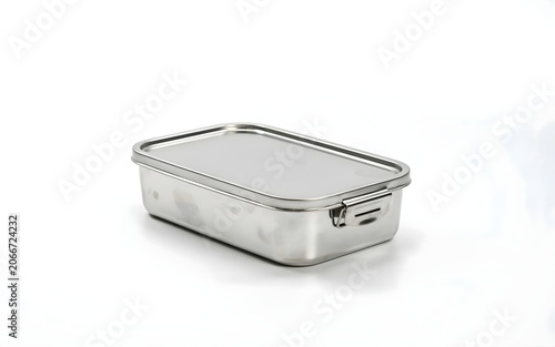 Empty rectangular metal storage box with a tightly sealed matching lid viewed from an angle on a clean white surface