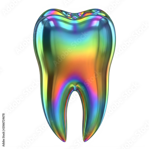 Shiny metallic tooth icon with a colorful rainbow gradient effect