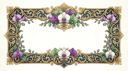 Orchid Floral Border Frame - Vintage Decorative Element with Gold Accents