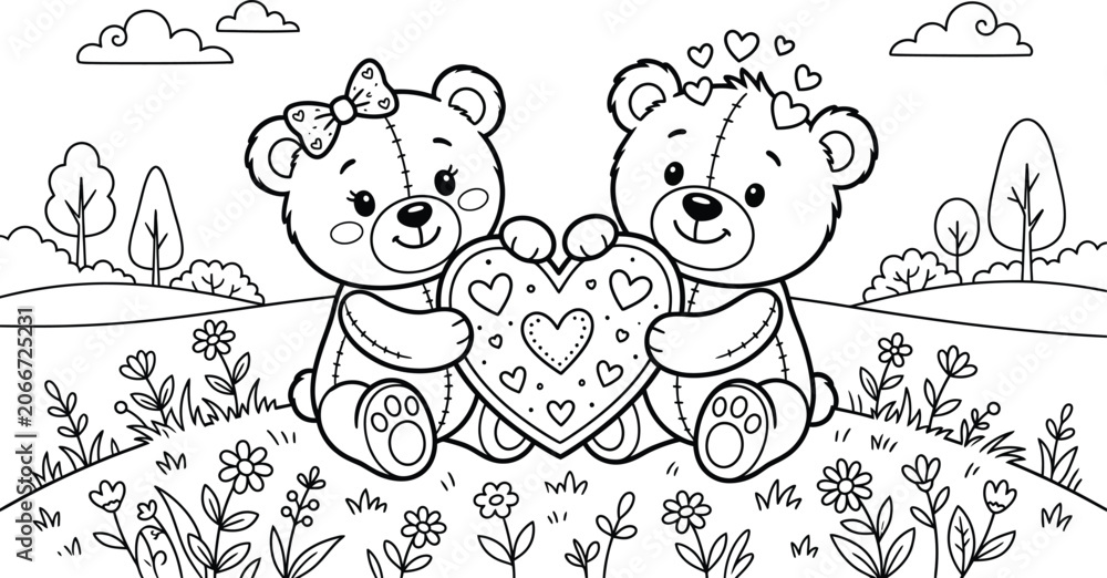 Fototapeta premium Two teddy bears holding a large heart in a landscape with white background, creative