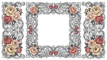 Elegant Floral Vignette Frame with Peonies and Scrolls - Vintage Decorative Element