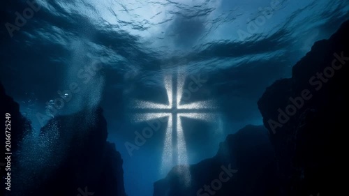 Sacred glowing cross underwater for water baptism background