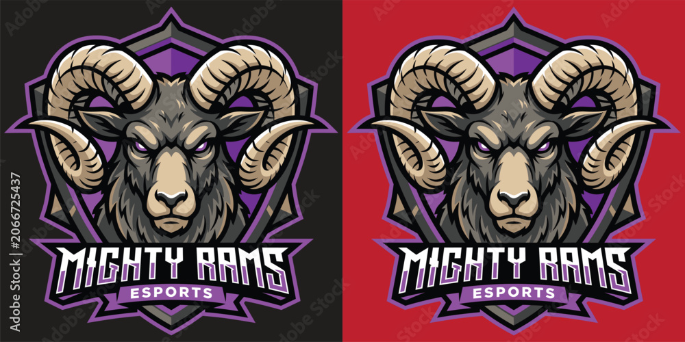 Naklejka premium Mighty Rams Esport Mascot Logo Design Fierce Ram Horns Team Emblem