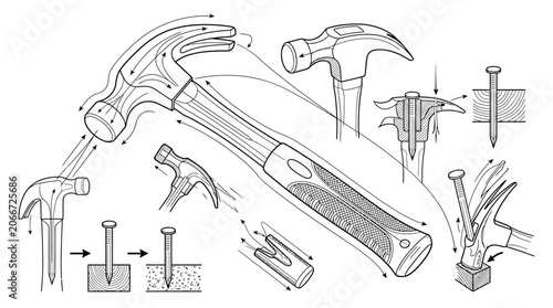 Konstfotografi Hammer and nail usage technical line drawing.