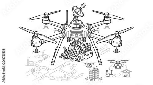 Slika na platnu Heavy payload industrial drone technical line art.