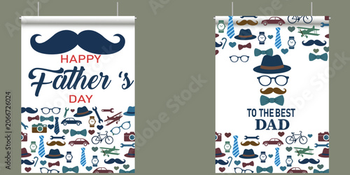Happy Father's Day Greeting Cards: Two festive greeting cards designed for Father's Day, adorned with classic male symbols like mustaches, ties, hats, and glasses, celebrating paternal bonds.