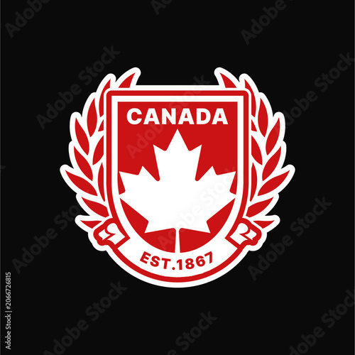 illustration vector of vintage canada design, Canadian shield emblem badge with maple leaf and laurel wreath crest inspired by national heritage suitable for Canada related designs branding identity