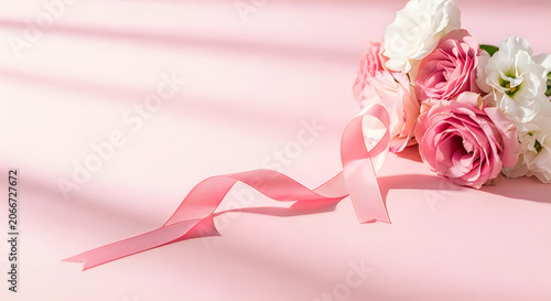 Pink ribbon and delicate roses on soft pink background, representing breast cancer awareness and hope.