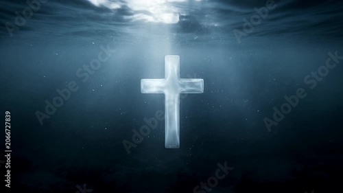 Glowing christian cross submerged for water baptism background