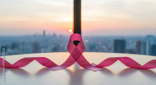 Pink Breast cancer awareness ribbon lying on table with extended loops against blurred sunset city view.