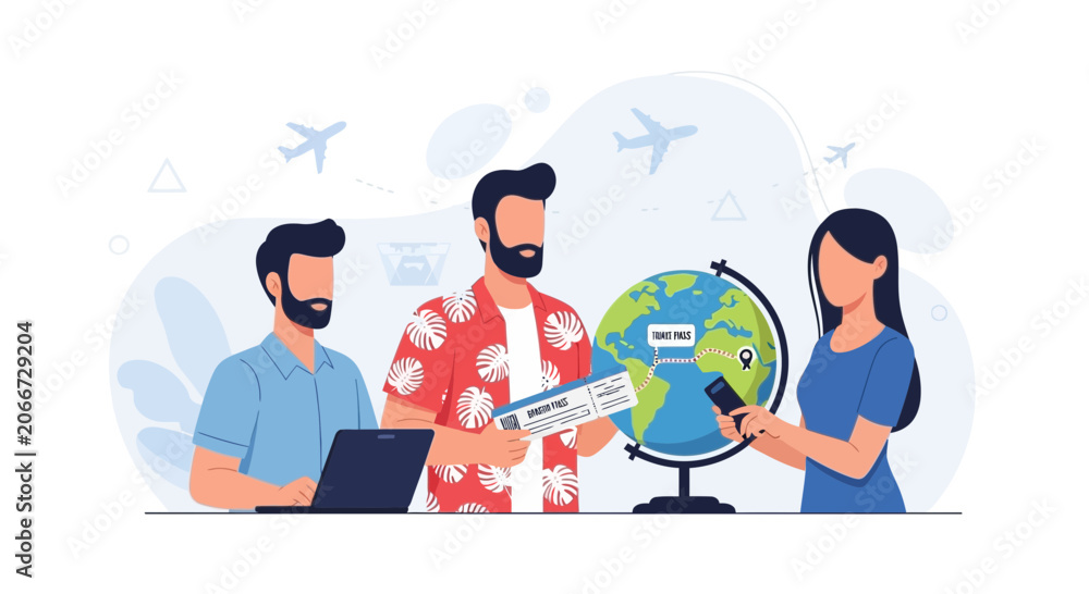 Fototapeta premium Diverse Group Planning Global Travel Adventure with Globe, Tickets, and Laptop - Vector Illustration