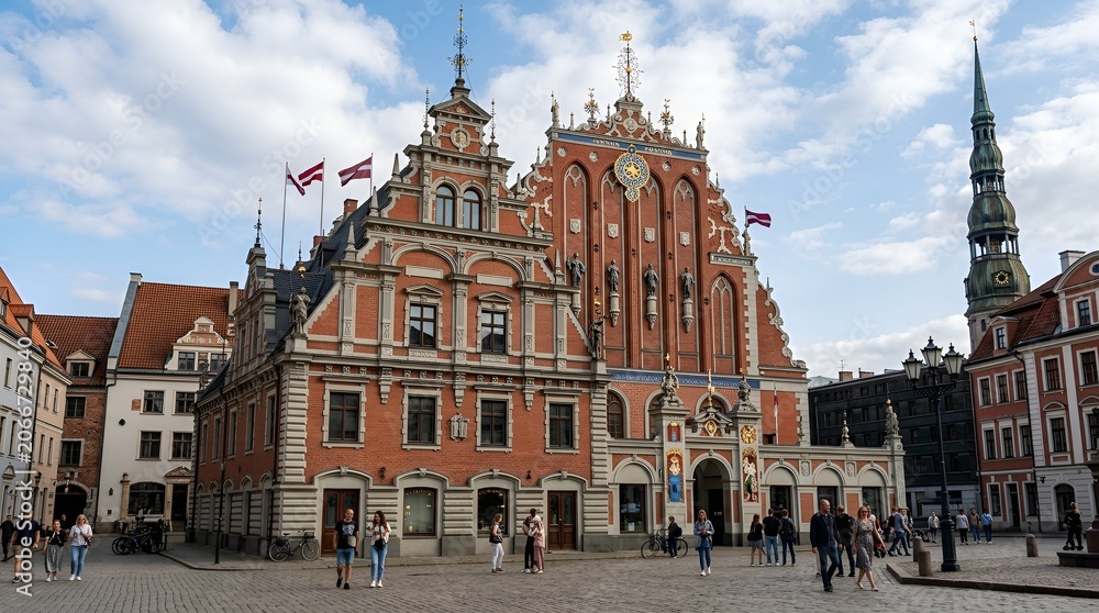 Fototapeta premium Riga Old Town Square: House of Blackheads & St. Peter's Church