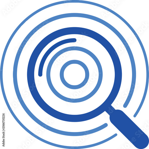 Magnifying glass icon sits centered within radiating circles to denote search or analysis tasks.