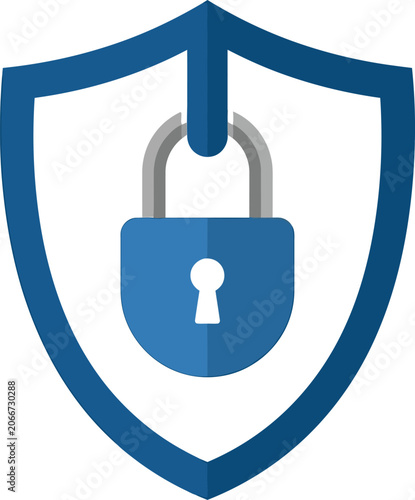 Shield icon featuring a secure padlock represents digital safety and data protection concepts.