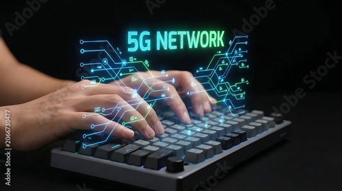 Hands typing on a keyboard with a glowing 5G network visualization above.
