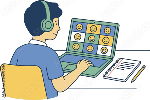 Student participates in a virtual classroom meeting on a laptop while wearing modern headphones.