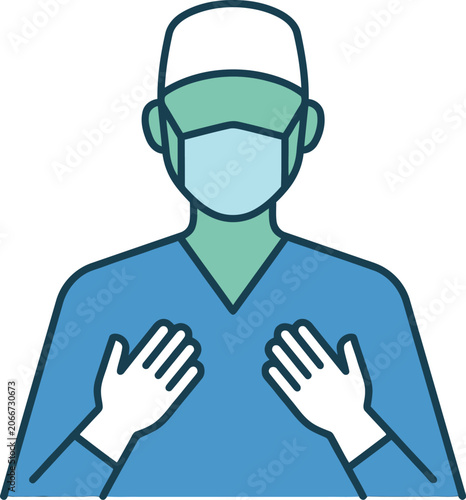 Doctor wears a protective medical mask and surgical cap while providing care in a clinical setting.