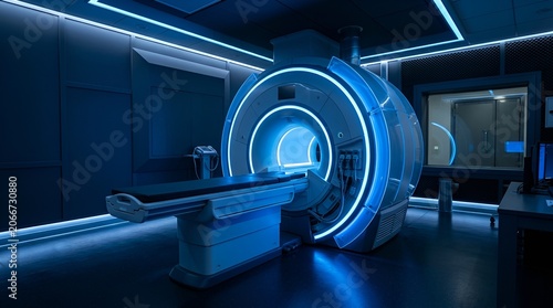 Futuristic MRI Scanner in Blue Lit Medical Lab