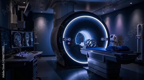 Futuristic MRI scanner in dark room with glowing blue lights and brain scan on screen