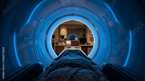 Patient inside MRI scanner with blue light