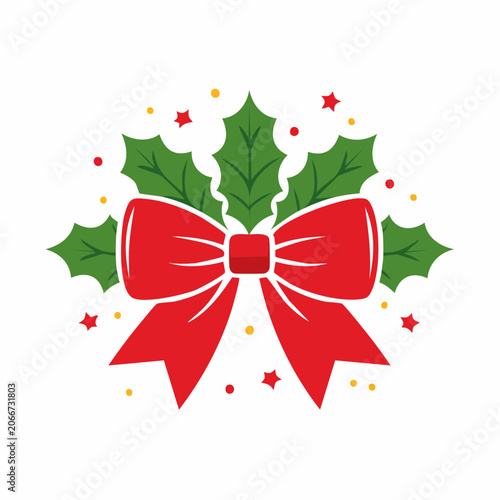Red Christmas Bow with Holly Leaves and Confetti